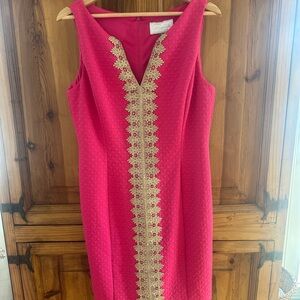 Pappagallo Fuchsia Sleeveless Midi Dress with Gold Embroidered Trim